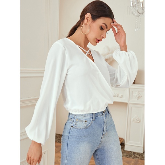 White Surplice Bishop Sleeve V-Neck Blouse - Picture 5 of 6